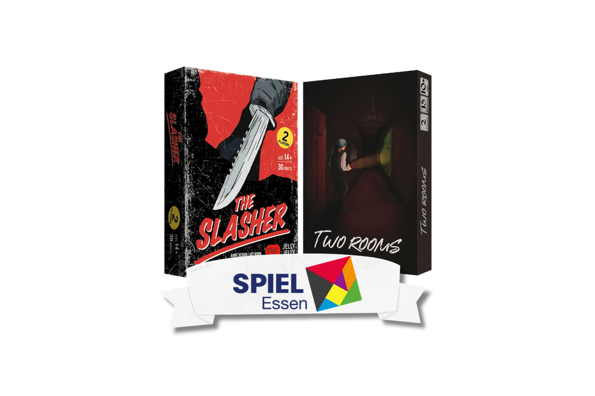 Two board game boxes shown on a blank background: 'The Slasher' box on the left with a red and black cover featuring a knife graphic, and 'Two Rooms' box on the right with a dark mansion hallway, a red door, and a green door as the cover. A white banner at the bottom reads 'SPIEL Essen' with a multicolor logo.