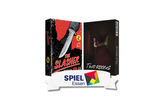 Two board game boxes shown on a blank background: 'The Slasher' box on the left with a red and black cover featuring a knife graphic, and 'Two Rooms' box on the right with a dark mansion hallway, a red door, and a green door as the cover. A white banner at the bottom reads 'SPIEL Essen' with a multicolor logo.