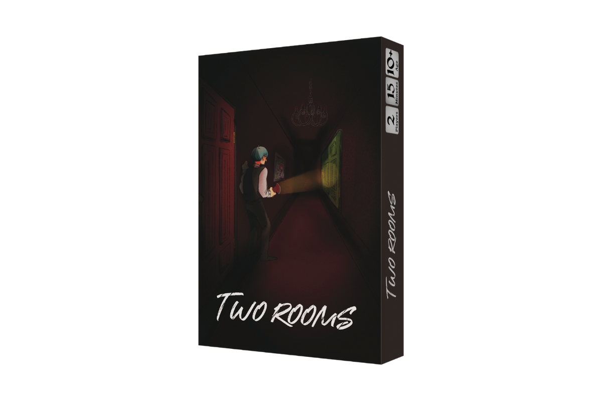 A boxed product titled "Two Rooms" shown upright on a blank background. The box is predominantly black with a dark illustrated scene on the front depicting a person in a hallway holding a flashlight. There is a red door and a green door leading to the titular "Two Rooms".